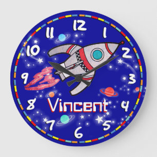 Grande Horloge Ronde Amusants enfants garçons roquette espace bleu mur
