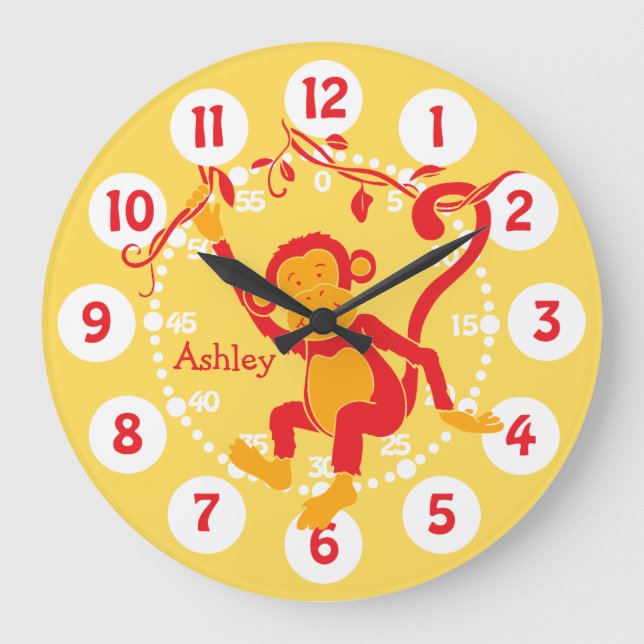 Grande Horloge Ronde Amusants nom des enfants singe rouge et jaune horl (Recto)