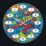 Grande Horloge Ronde Amusants Sons de Bande Dessinée Rétro Pop Art<br><div class="desc">Amusantes horloges de style super-héros bande dessinée pop qui sont sûres d'ajouter une touche de couleur dans une gamme de pièces autour de votre maison ou de votre bureau. Un moyen idéal de vous traiter ou de traiter quelqu'un que vous connaissez avec ces horloges de designer Comic Con cool et...</div>