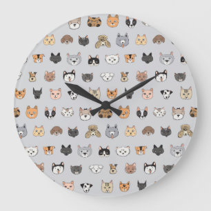 Grande Horloge Ronde Amusement animal : Chiens de chats Doodle Mix