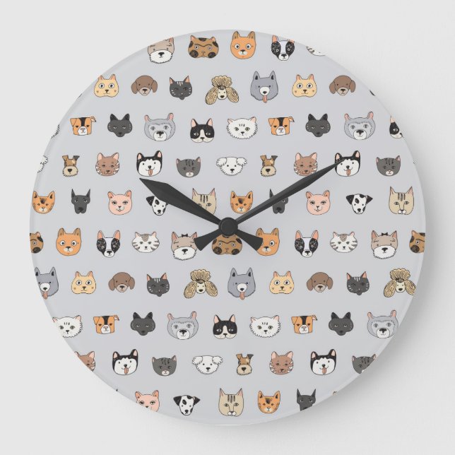 Grande Horloge Ronde Amusement animal : Chiens de chats Doodle Mix (Recto)