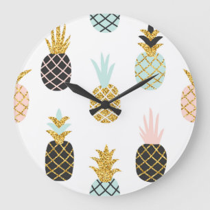 Grande Horloge Ronde Ananas avec parties scintillant or, motif créatif.