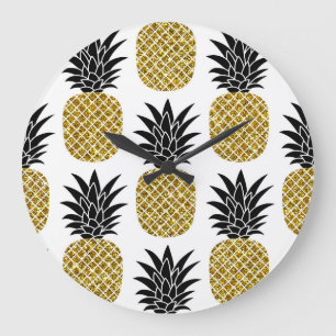 Grande Horloge Ronde Ananas En Or : Blanc Dessiné À La Main Sans Coutur