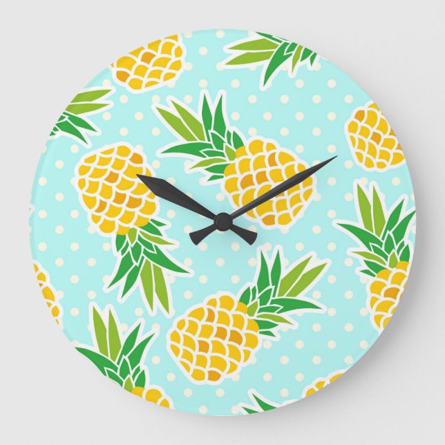 Grande Horloge Ronde Ananas Exotiques : Polka Bleu-Dot Amusant. (Recto)