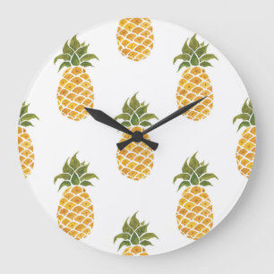 Grande Horloge Ronde Ananas peint à la main, arrière - plan aquarelle.