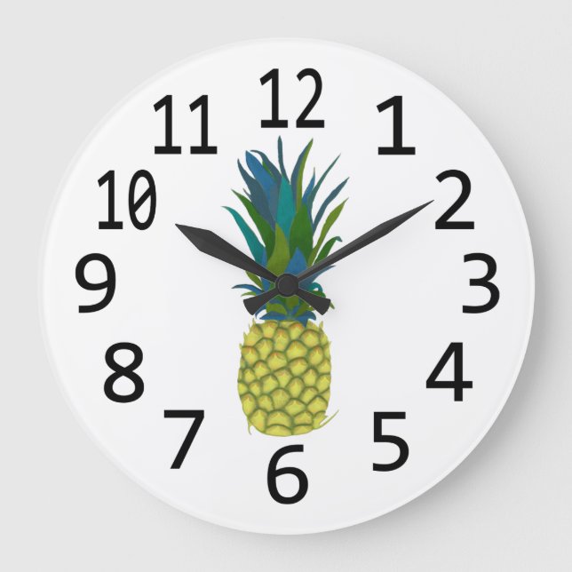 Grande Horloge Ronde Ananas tropical aux Feuilles bleus et verts (Recto)