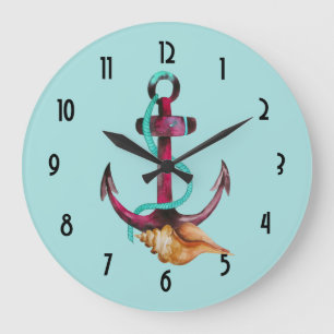 Grande Horloge Ronde Ancre avec corde et coquillage en aquarelles