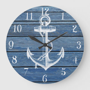 Grande Horloge Ronde Ancre blanche et bois bleu vintage