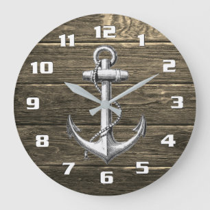 Grande Horloge Ronde Ancre de marine vintage en bois rustique patiné