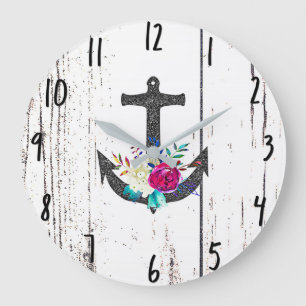 Grande Horloge Ronde Ancre de plage rustique et floral audacieux été na
