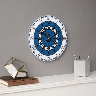 Grande Horloge Ronde Ancre marine Abstraite bleue et blanche