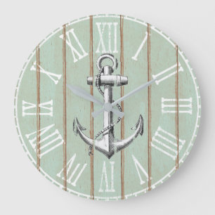 Grande Horloge Ronde Ancre nautique en bois rustique vintage