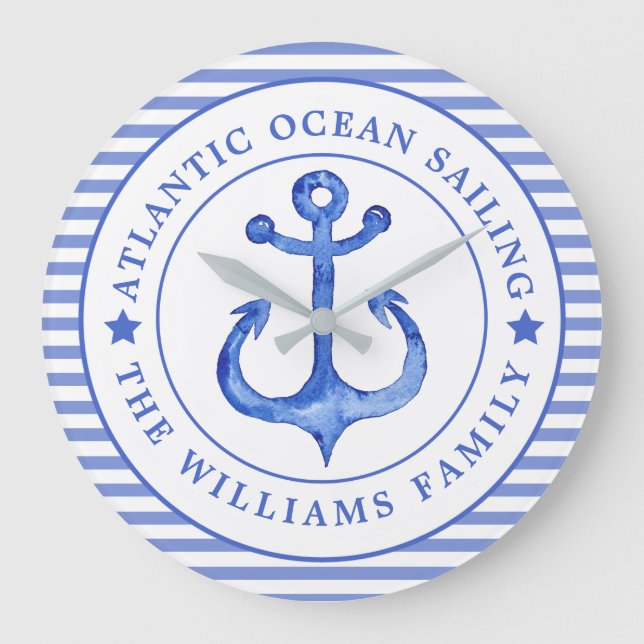 Grande Horloge Ronde Ancre nautique Marine Bleu rayé Personnalisé (Recto)