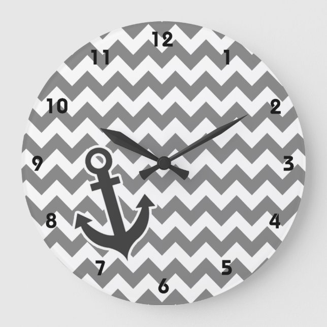 Grande Horloge Ronde Ancre nautique sur Chevron gris-foncé (Recto)