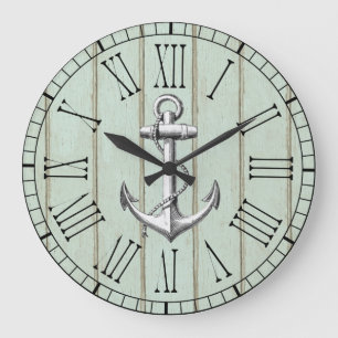 Grande Horloge Ronde Ancre nautique vintage sur bois motif