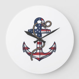Grande Horloge Ronde Ancre Patriotique Design Vectoriel Vintage_1