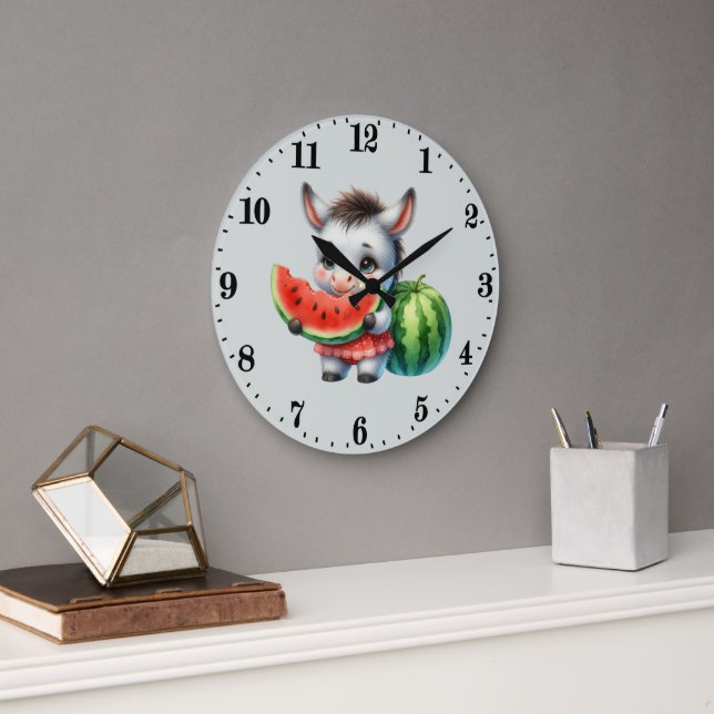 Grande Horloge Ronde Âne amateur de pastèque mignon (Bureau)