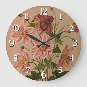 Grande Horloge Ronde Anemone Japonica Rosea Exquise Vintage Botanique