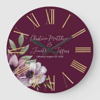 Grande Horloge Ronde Anémones romantiques aquarelle sur Merlot