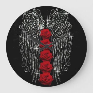 Grande Horloge Ronde Ange de Diamant et roses rouges