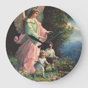 Grande Horloge Ronde Ange gardien protégeant des enfants près d'un rebo