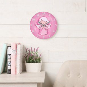 Grande Horloge Ronde Ange Rose Pastel, Rose Chaud Et Gris