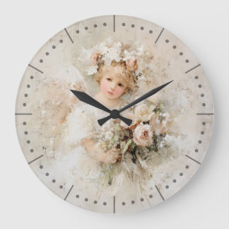 Grande Horloge Ronde Ange Shabby Chic avec des roses romantiques blush