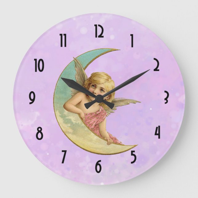 Grande Horloge Ronde Angel dans une image vintage lune croissant (Recto)