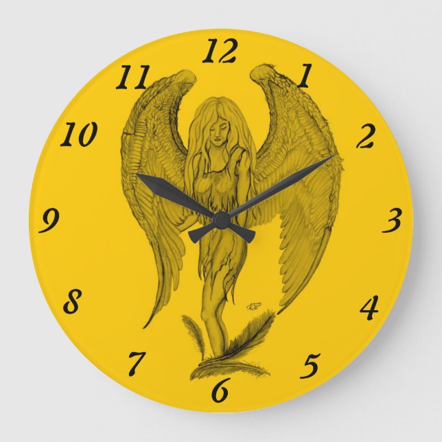 Grande Horloge Ronde Angel - design noir et jaune (Recto)