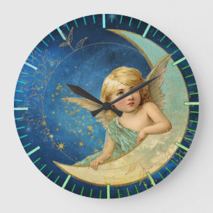 Grande Horloge Ronde Angel Lune vintage en bleu céleste et or