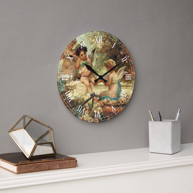 Grande Horloge Ronde Angels de musicien par Hans Zatzka, Art Victorien (Bureau)