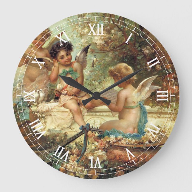 Grande Horloge Ronde Angels de musicien par Hans Zatzka, Art Victorien (Recto)
