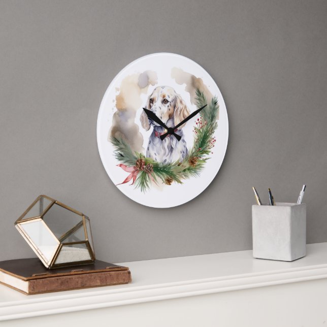 Grande Horloge Ronde Anglais Setter Christmas Wreath Festive Pup (Bureau)