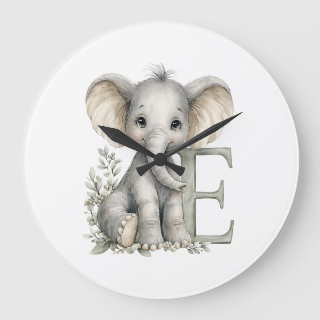 Grande Horloge Ronde Animaux Bébés Mignons à l'Aquarelle avec Lettres d (Recto)