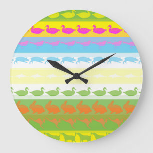 Grande Horloge Ronde Animaux colorés rétro motif moderne rayures #4