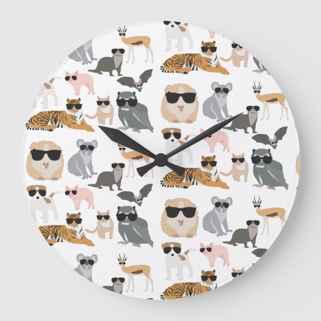 Grande Horloge Ronde Animaux cools et drôles portant des lunettes de so (Recto)