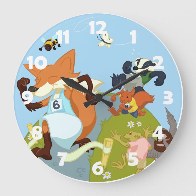 Grande Horloge Ronde Animaux de bois amusant Courir Fox & Badger Cartoo (Recto)