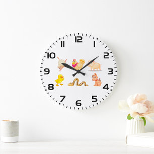 Grande Horloge Ronde Animaux de ferme et animaux domestiques mignons