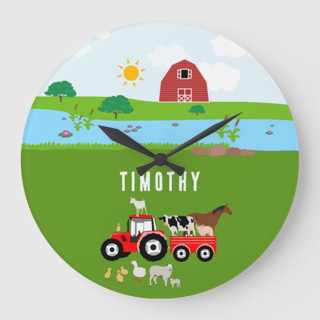 Grande Horloge Ronde Animaux de la ferme & Tracteur Rouge Barnyard Nom  (Recto)