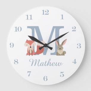 Grande Horloge Ronde Animaux de la forêt Bleu Bébé Garçon Monogramme In