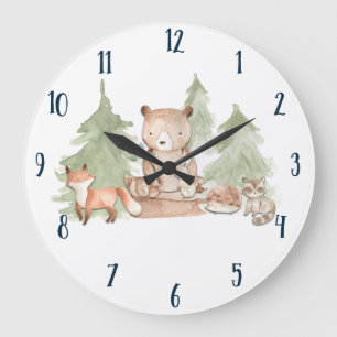 Grande Horloge Ronde Animaux de la forêt de bois aquarelle pour la cham