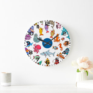 Grande Horloge Ronde Animaux de la Vie Marine Océan Coloré Personnages