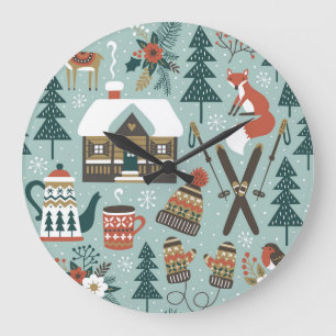 Grande Horloge Ronde Animaux forestiers : Hiver Vintage sans couture.