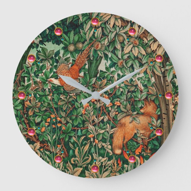 Grande Horloge Ronde ANIMAUX FORESTIERS Pheasant Renard Rouge Vert Flor (Recto)