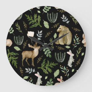 Grande Horloge Ronde Animaux mignons : Aquarelle Tirée À La Main.