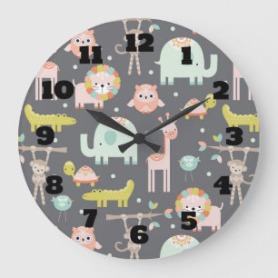 Grande Horloge Ronde Animaux sauvages mignons Dessin Illustration Nurse