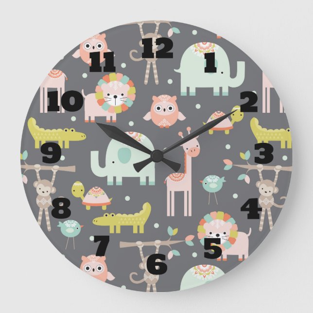 Grande Horloge Ronde Animaux sauvages mignons Dessin Illustration Nurse (Recto)