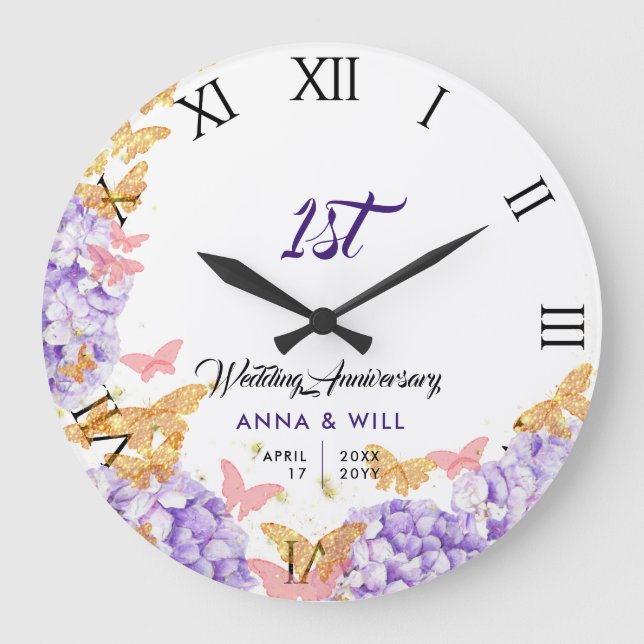 Grande Horloge Ronde Anniversaire de l'Hydrangea Butterfly Boho Chic Ma (Recto)