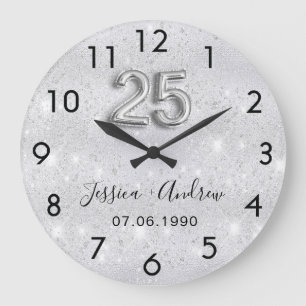 Grande Horloge Ronde anniversaire de mariage 25 ans paillettes argentée