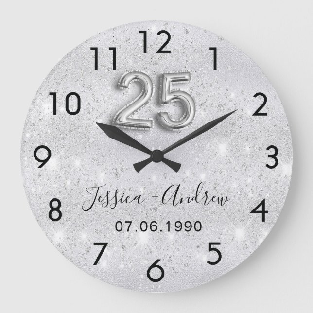 Grande Horloge Ronde anniversaire de mariage 25 ans paillettes argentée (Recto)